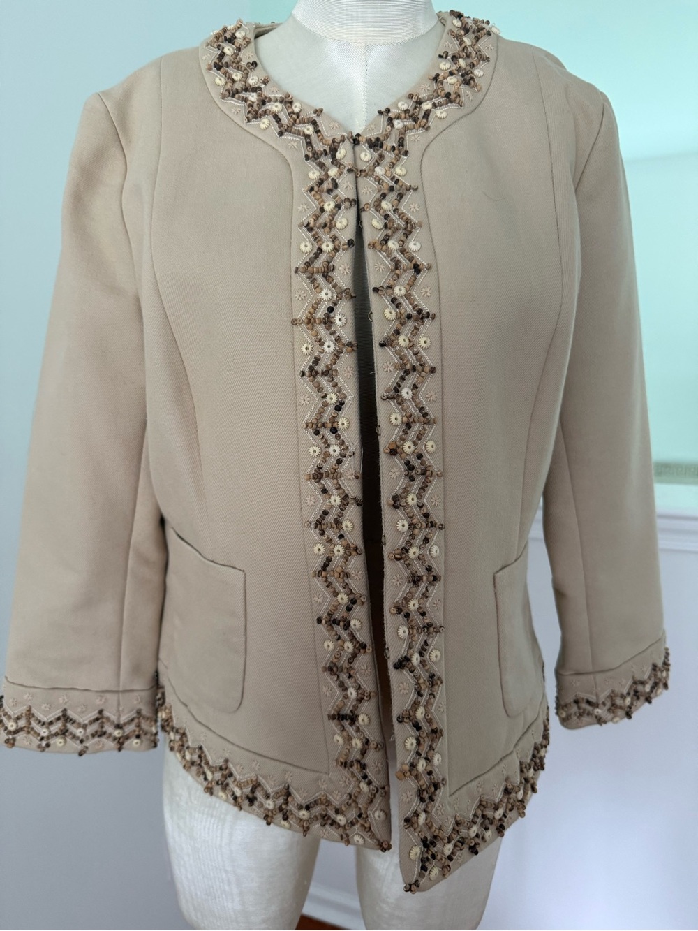 Dana Buchman Beige Beaded Trim Open Front Jacket